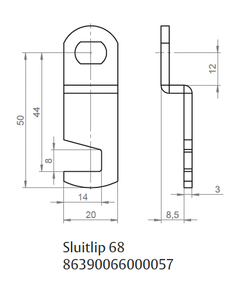 86390066000057 ASSA Sluithaak 68 met verzet 8,5mm haak L=50mm uitsparing horizontaal